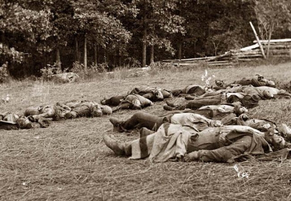 Confederate dead laid out for burial at Gettysburg