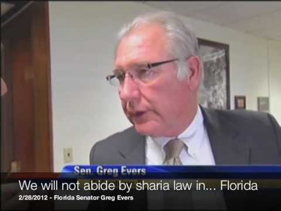 Florida legislator Greg Evers, opposed to Shari'a law, okay with random gunfire