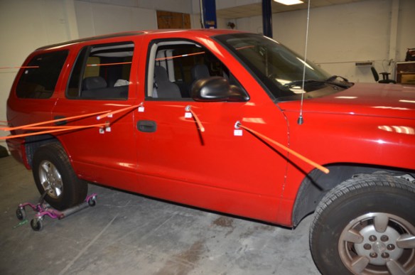 Dowels showing the entry direction of the gunshots. 