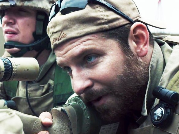 Bradley Cooper (as Chris Kyle) sighting in on an Iraqi mother